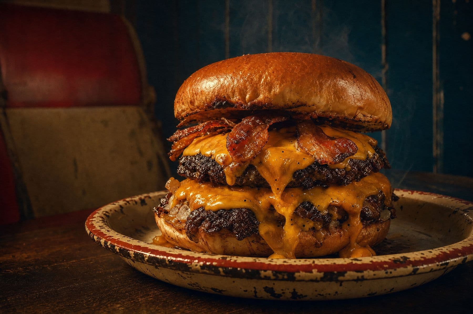 Dubbel cheeseburgare med bacon och smält cheddar